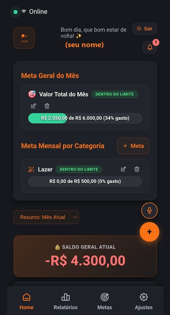 Tela inicial do Acorde Finanças, com o saldo do mês e as metas