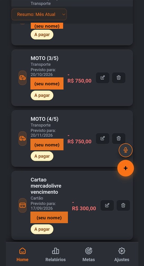 Contas e cartões do mês, com as parcelas e o que falta pagar