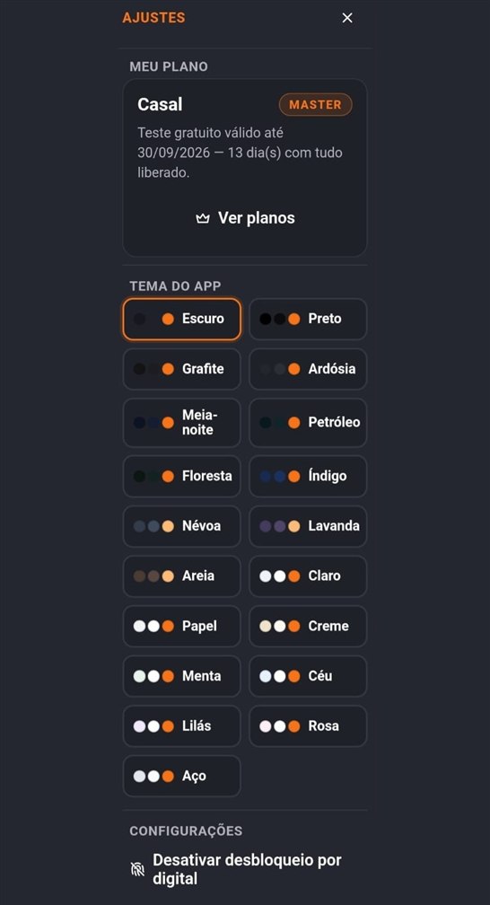 Ajustes do app: plano, tema e aparência