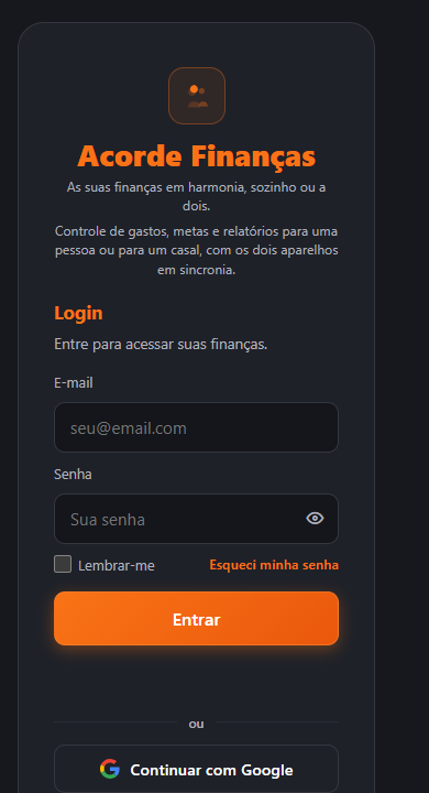 Tela de entrada do Acorde Finanças, com login por e-mail ou Google